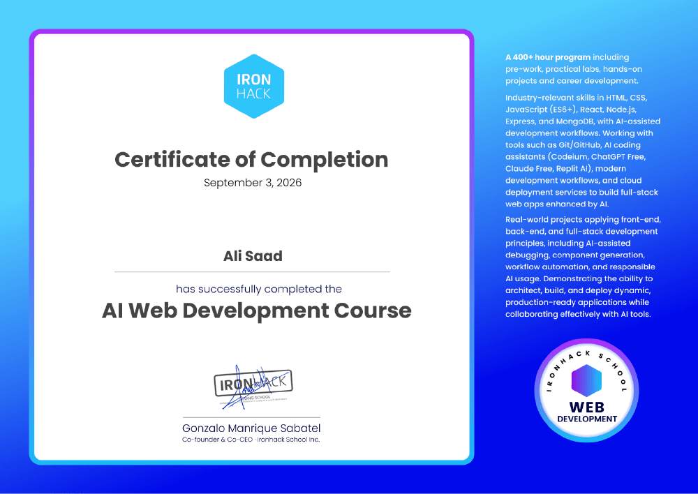 Ironhack certificate of completion awarded to Ali Saad