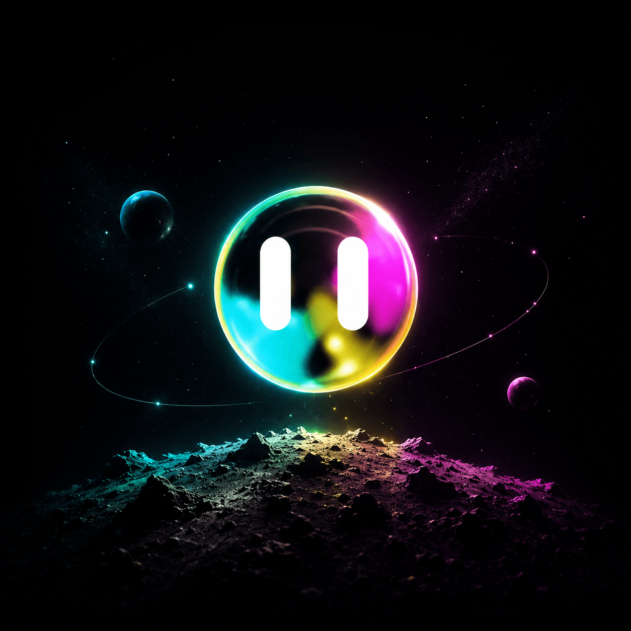 Colorful glowing sphere floating above a cinematic alien landscape