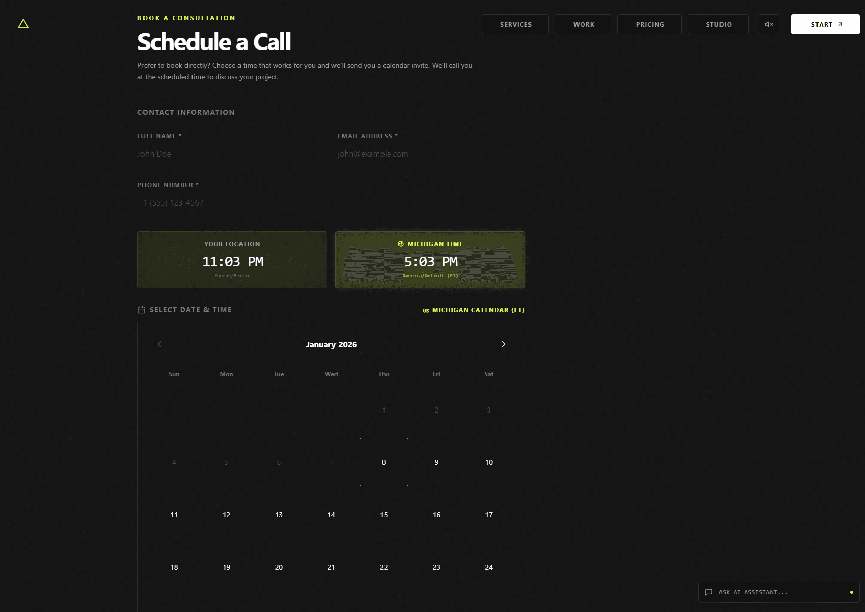 Consultation booking screen with timezone comparison and a monthly date calendar