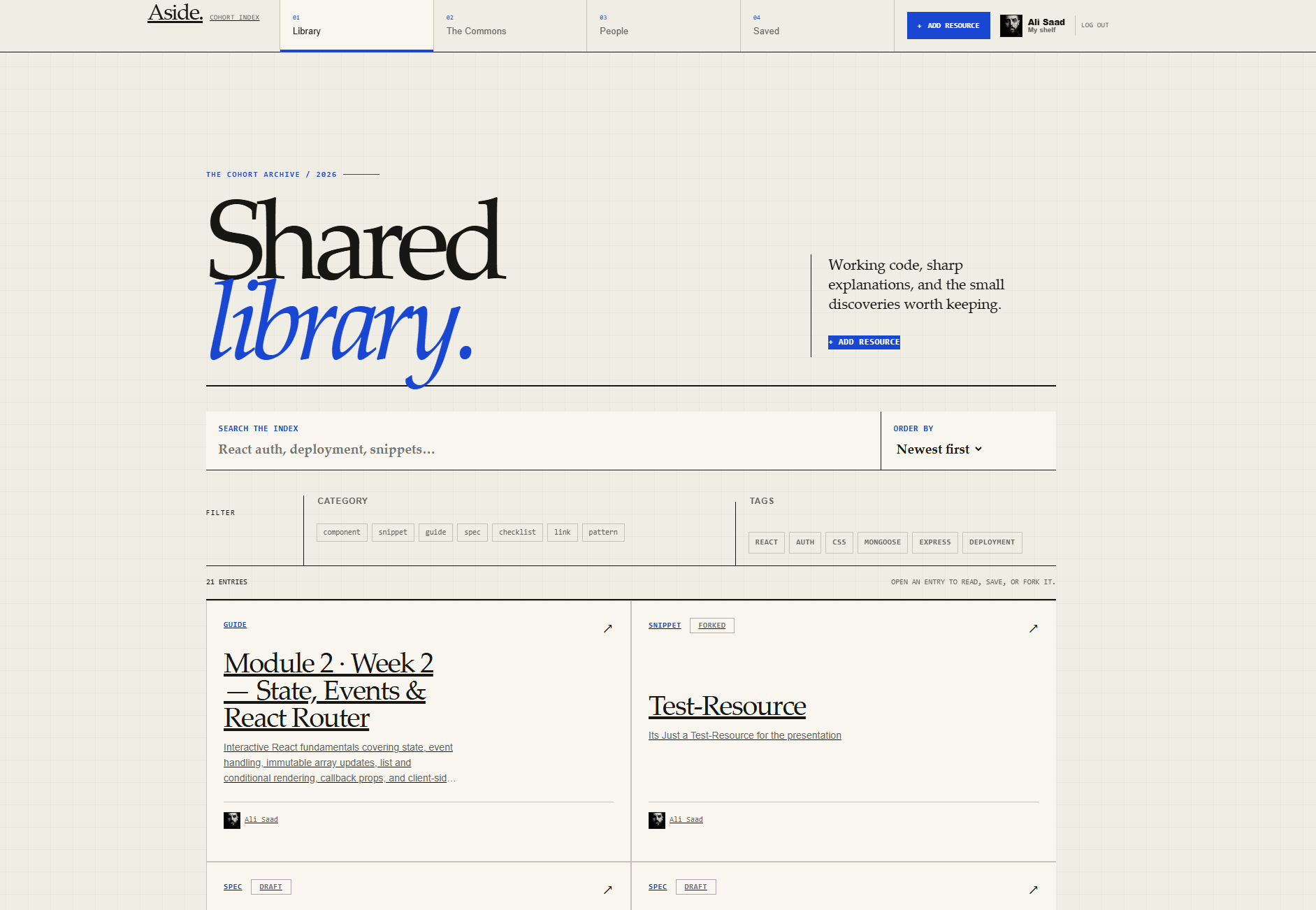 Aside Library with a search field, category and tag filters, and resource cards.