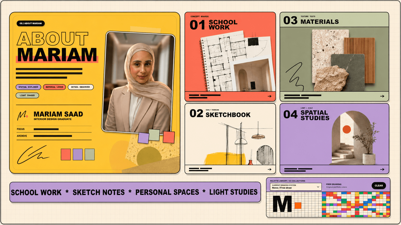 Mariam Saad’s profile alongside her school work, sketches, materials, and spatial studies.