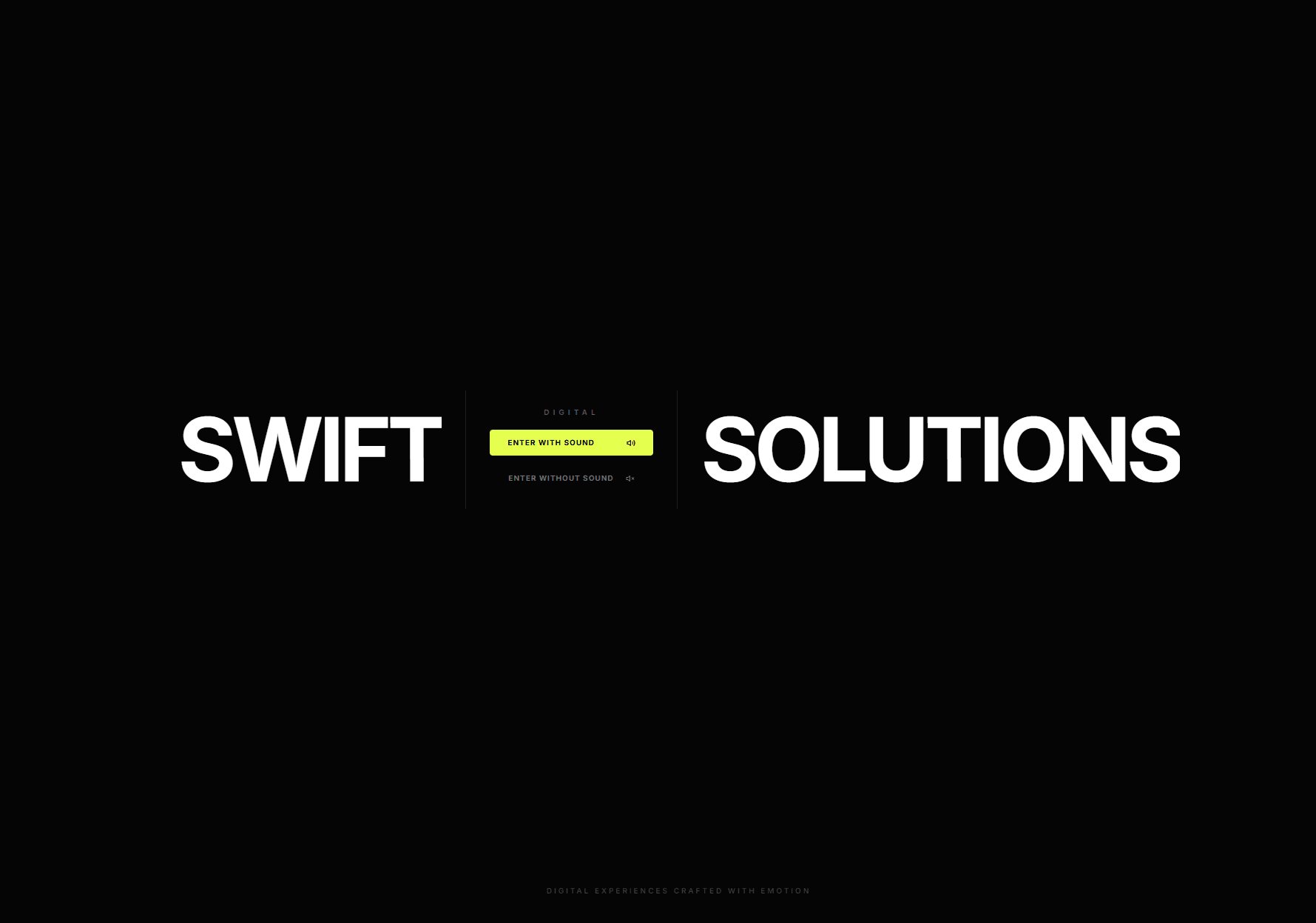 Black intro screen with the Swift Digital Solutions wordmark and lime start control