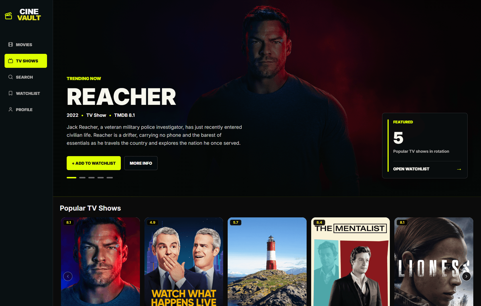 CineVault TV Shows page with a featured series, rating, watchlist controls, and popular show cards.
