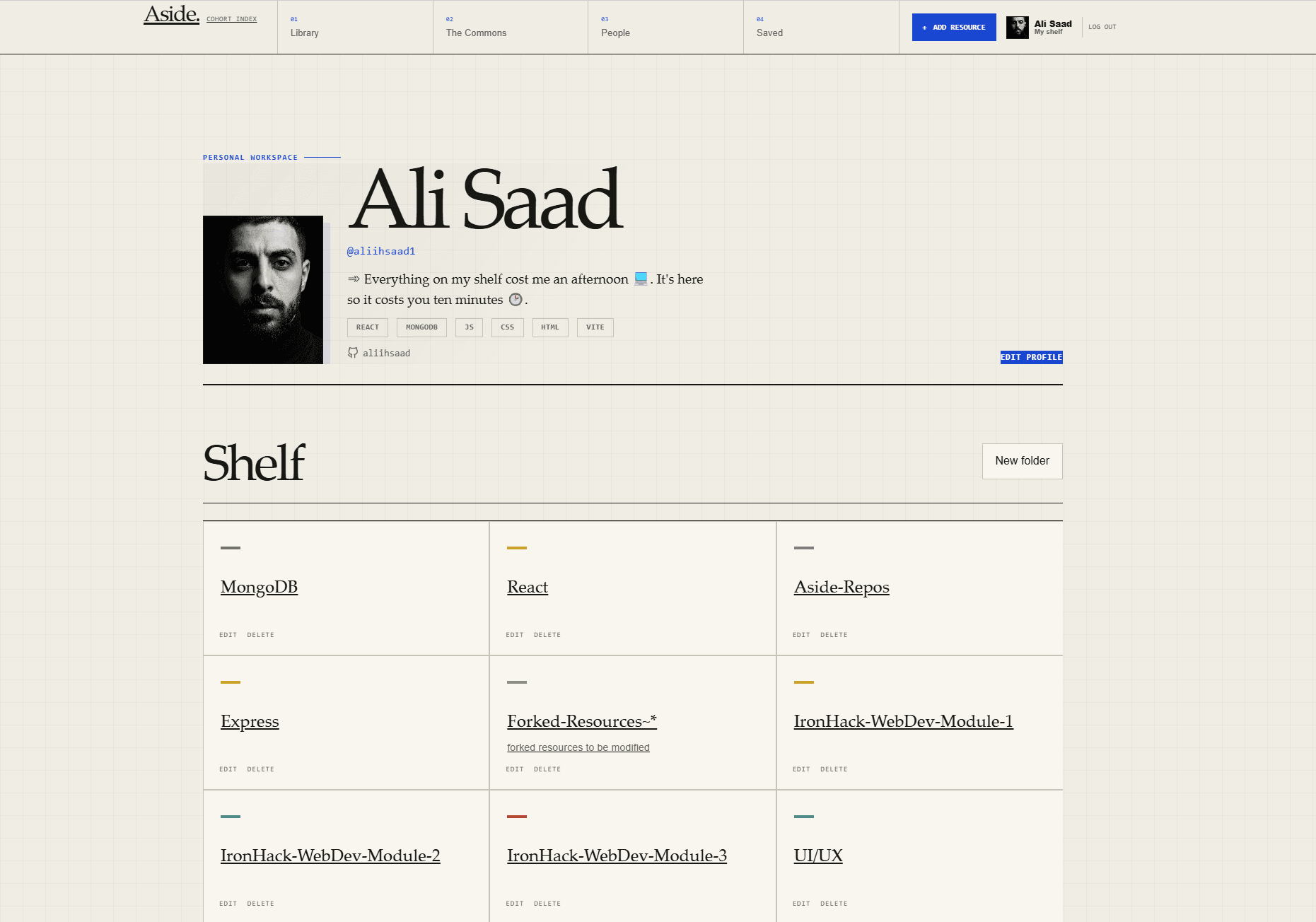 Aside member profile with a bio, skills, personal folders, and a New Folder control.