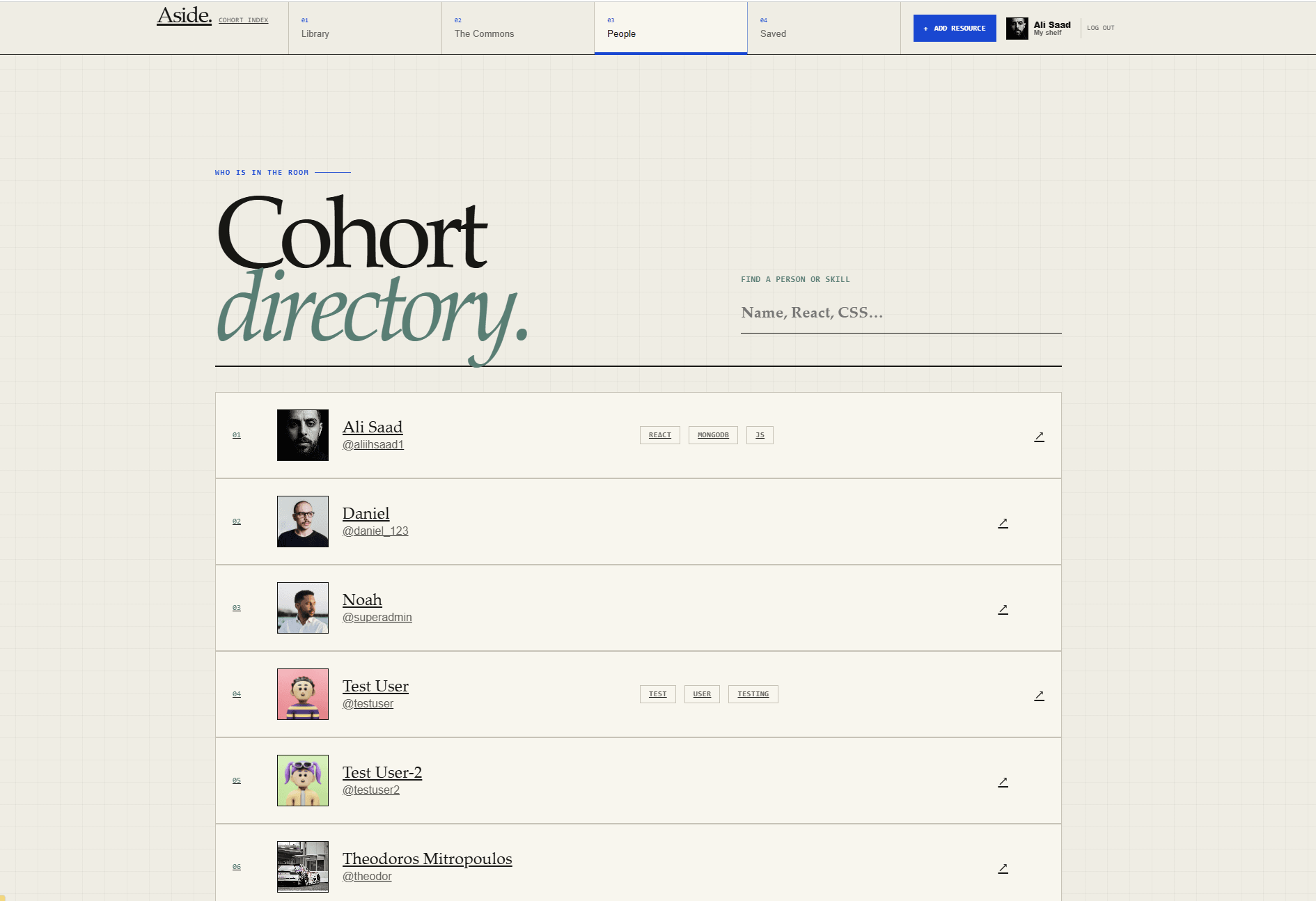 Aside People directory with a search field and member profiles.