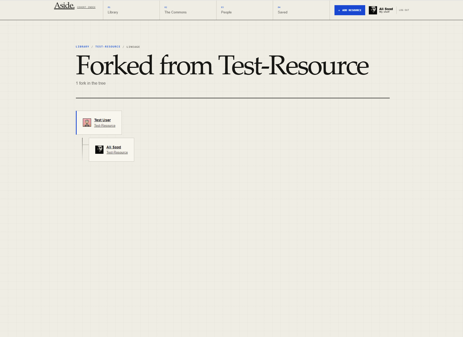 Aside lineage view connecting an original resource to a fork on Ali Saad's shelf.
