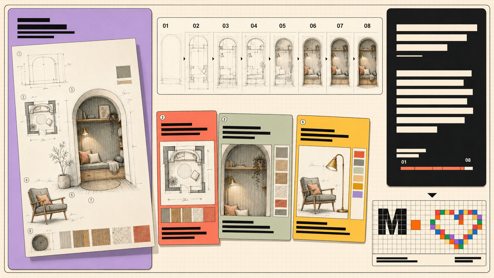 Sketchbook overview showing an arched reading nook evolving through eight drawing stages.