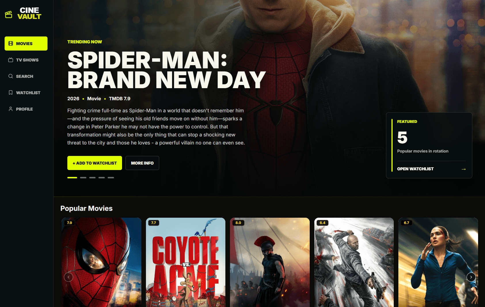 CineVault Movies page with a featured film, watchlist and detail actions, and popular movie cards.
