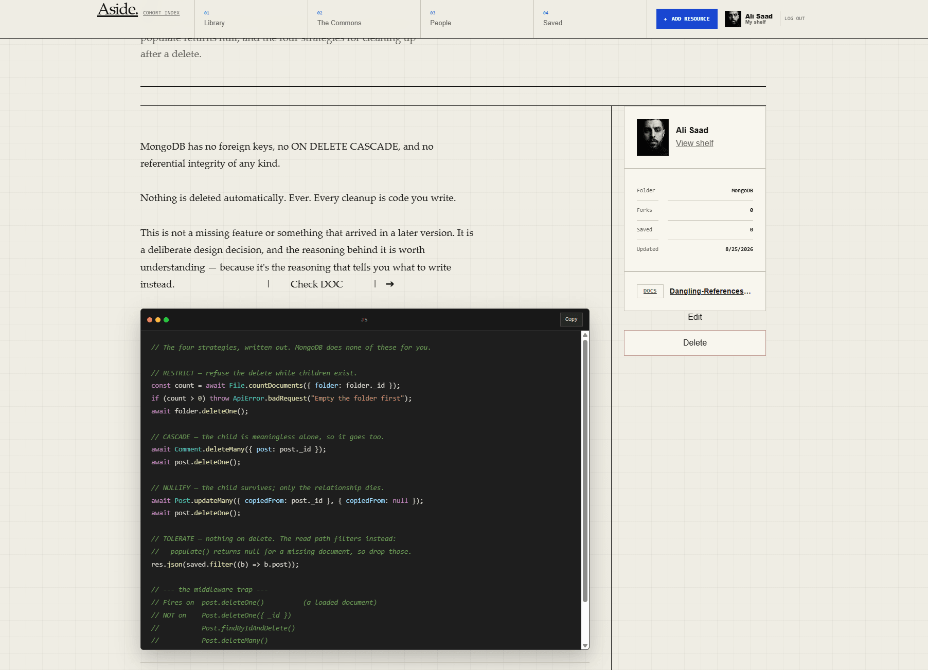 Aside resource reading view with formatted text, a JavaScript code block, and an attached document.