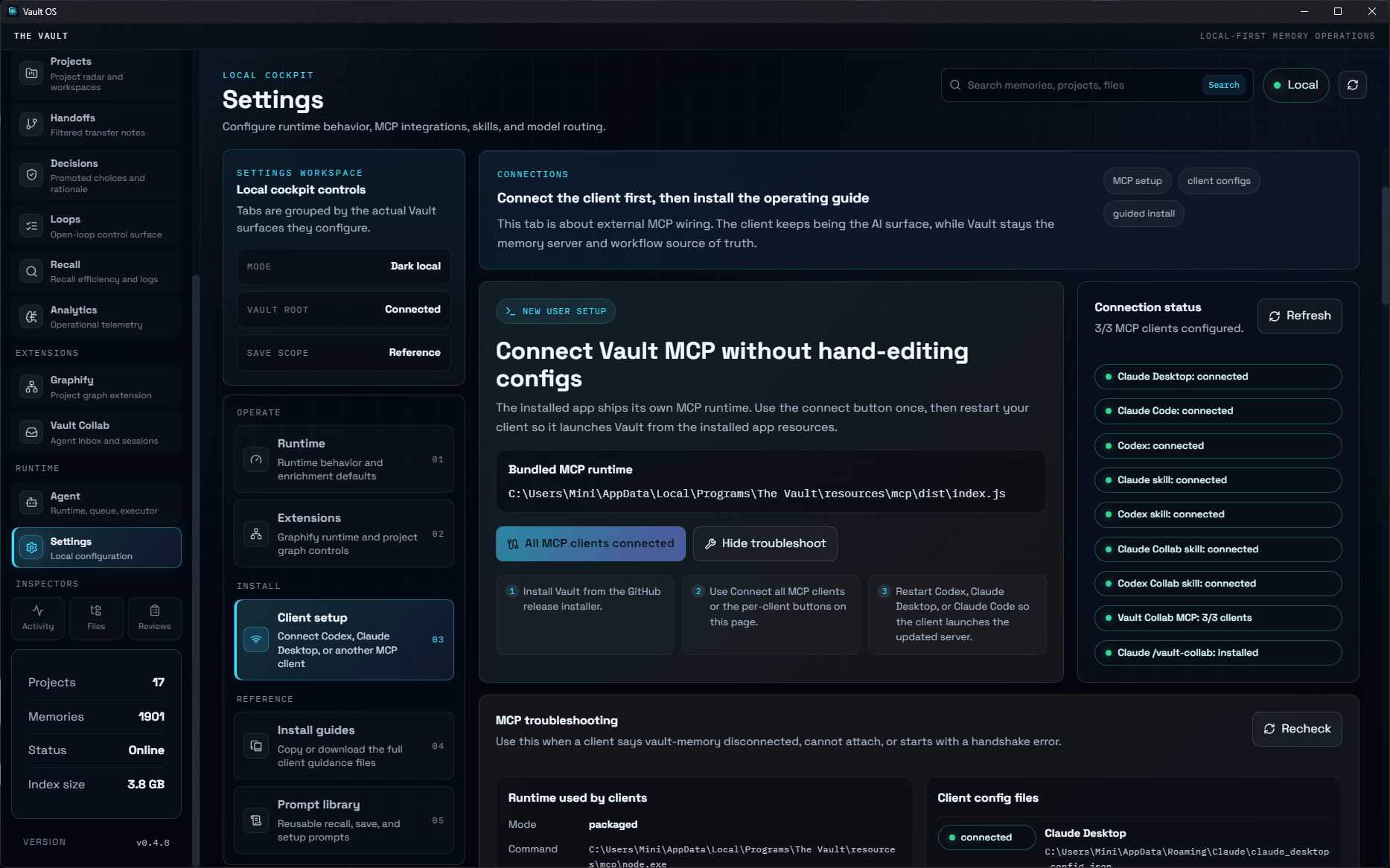 The Vault Settings screen showing bundled MCP runtime setup and connection status for supported agent clients