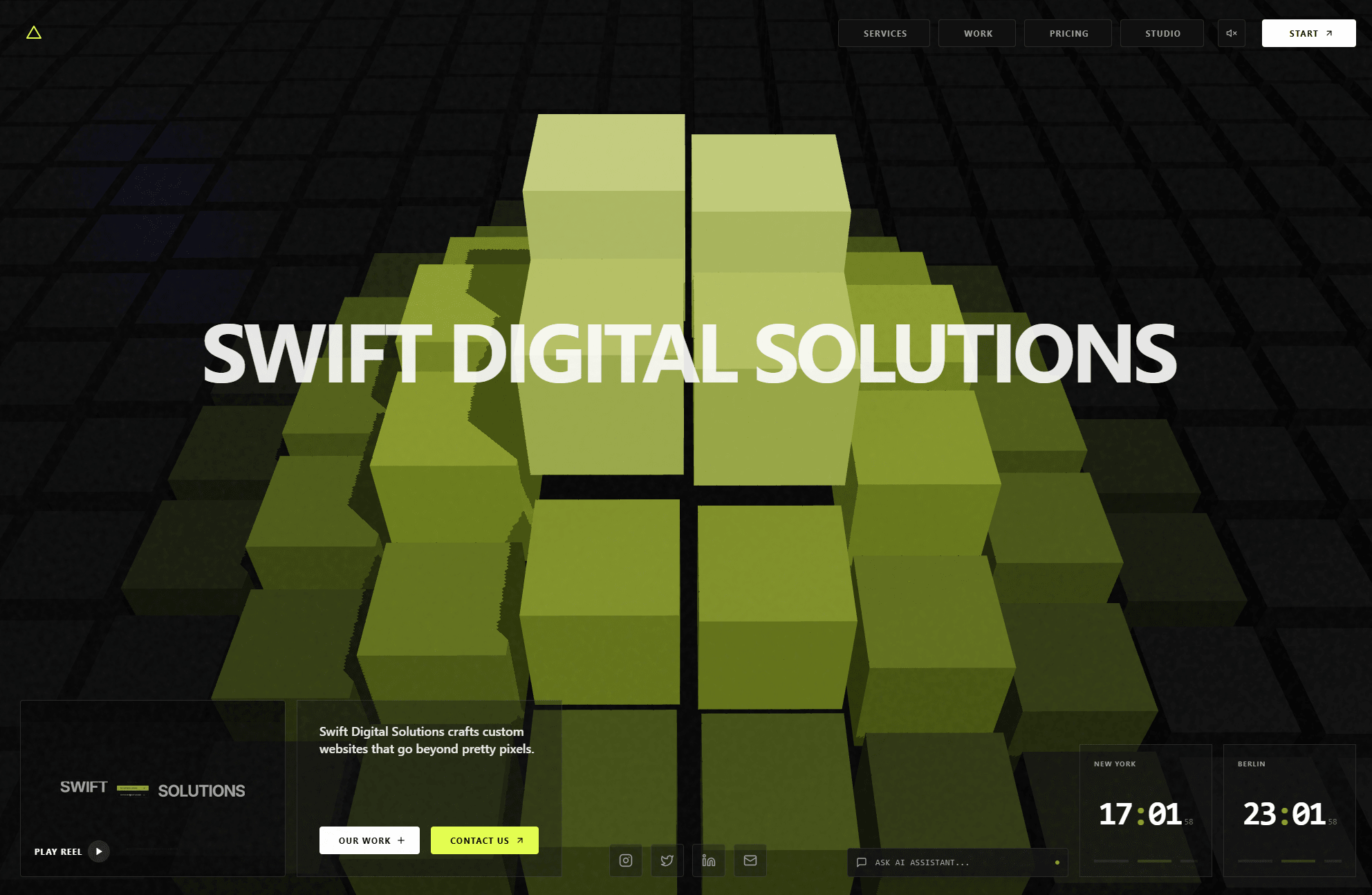 Swift Digital Solutions title over an abstract field of lime three-dimensional blocks