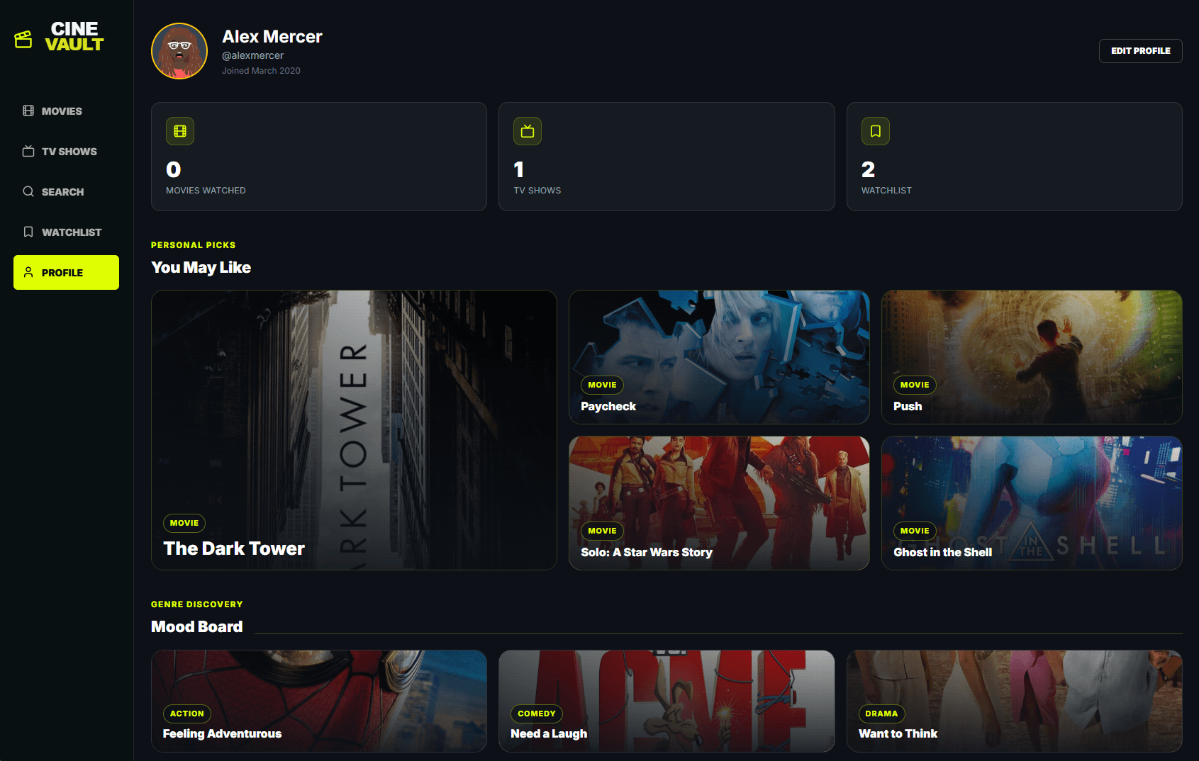 CineVault profile interface with an avatar, viewing statistics, personal picks, and a mood board.