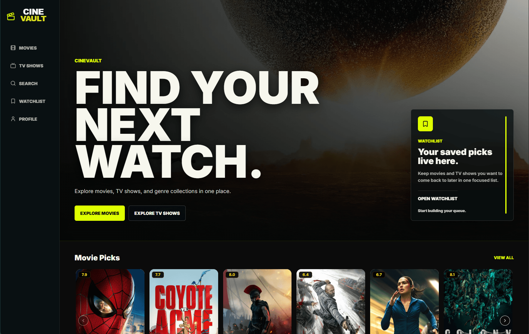 CineVault homepage with movie and TV browsing links, a watchlist shortcut, and recommended titles.