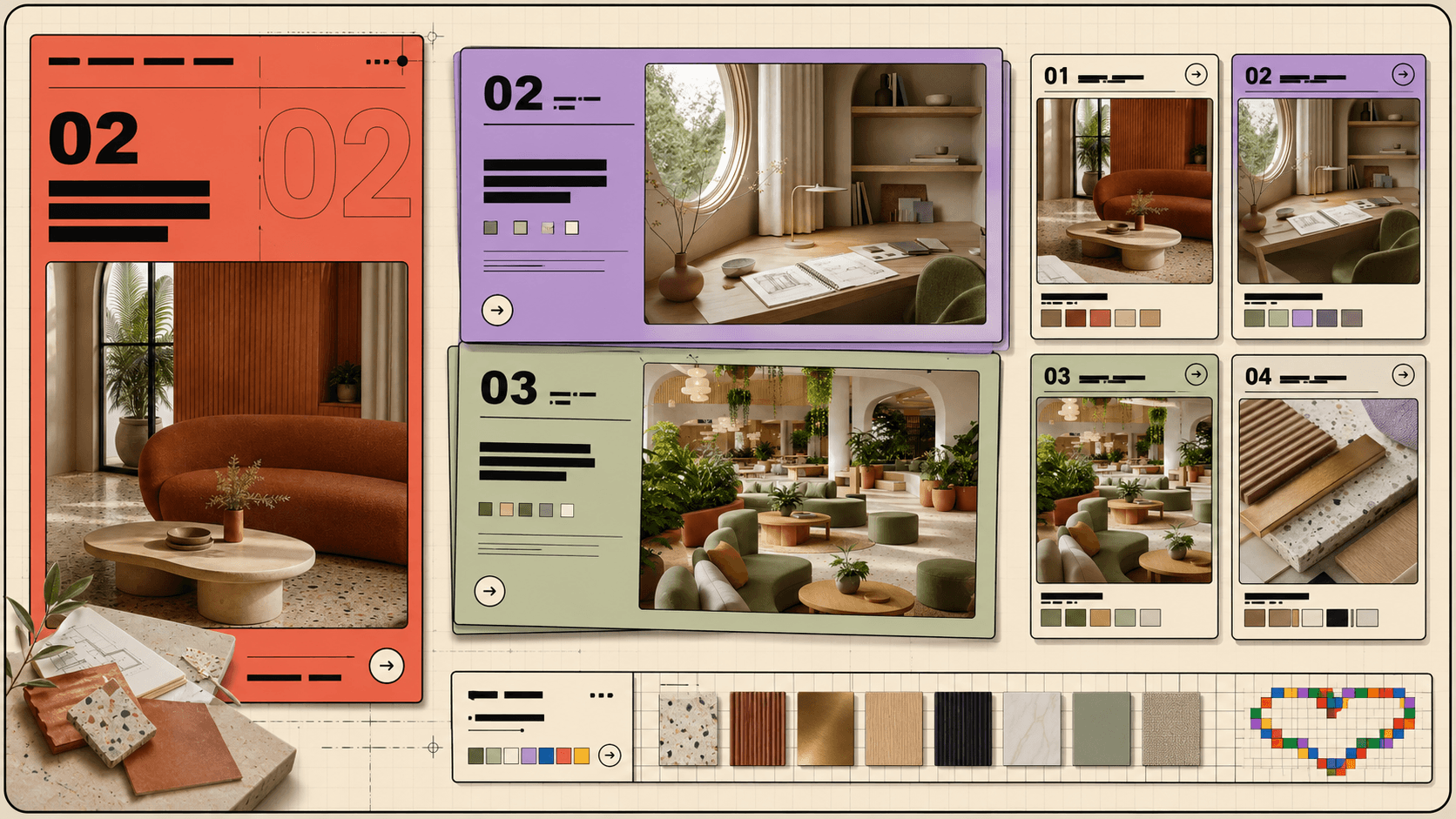 Selected projects overview featuring four interior studies, material samples, and color palettes.