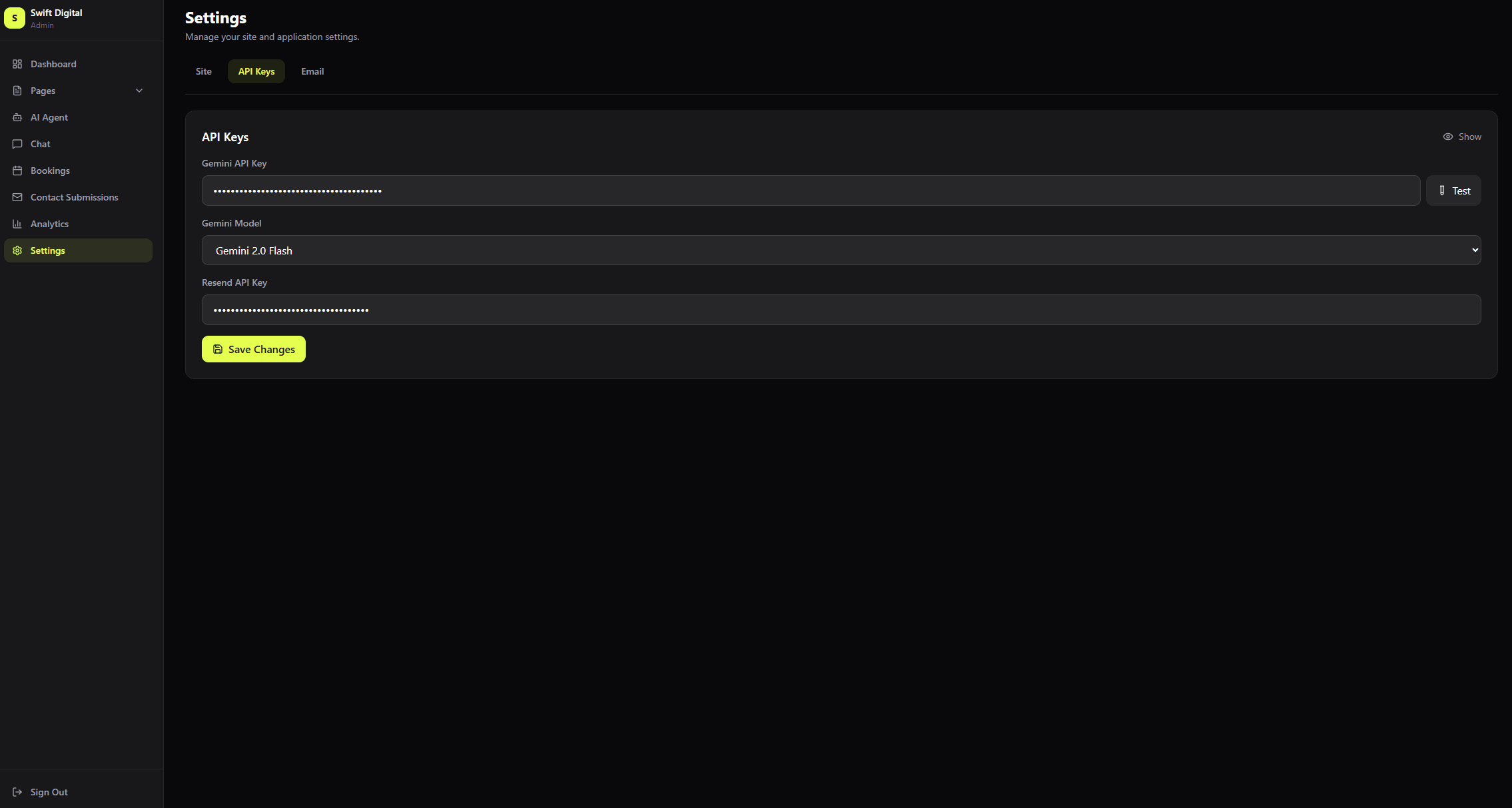 Admin settings screen with masked AI key fields, model settings, and save changes button
