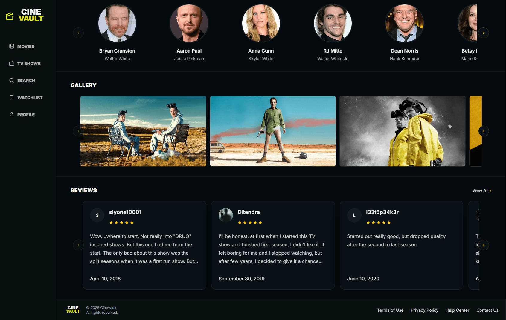 CineVault detail page showing cast portraits, an image gallery, and review cards.