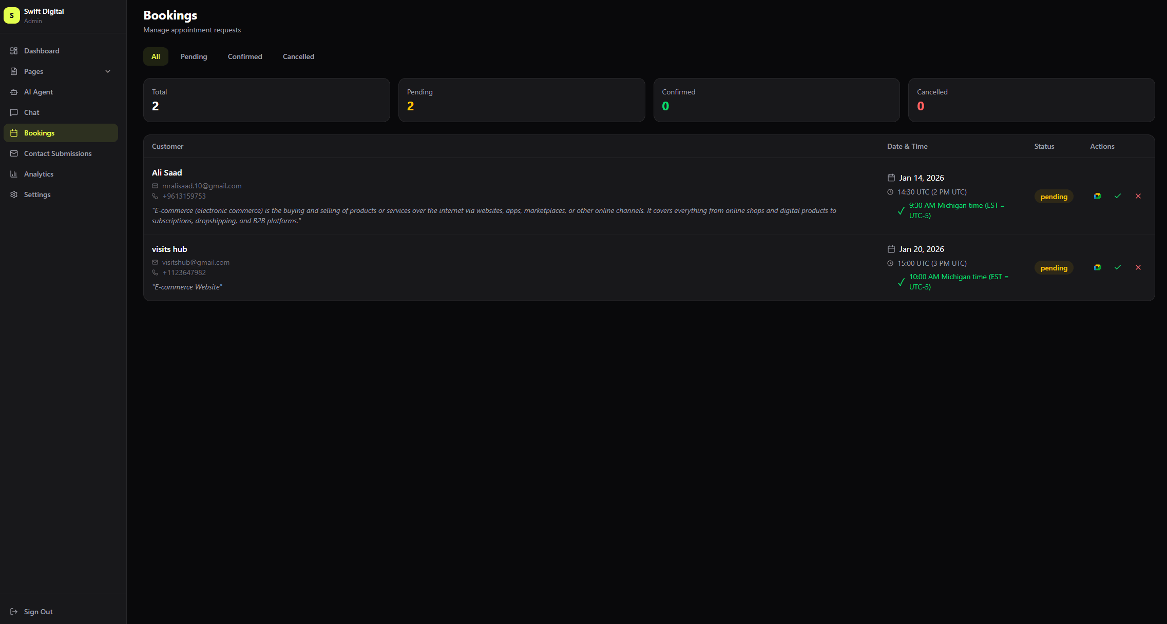 Admin bookings screen with status counters, client details, dates, and booking actions