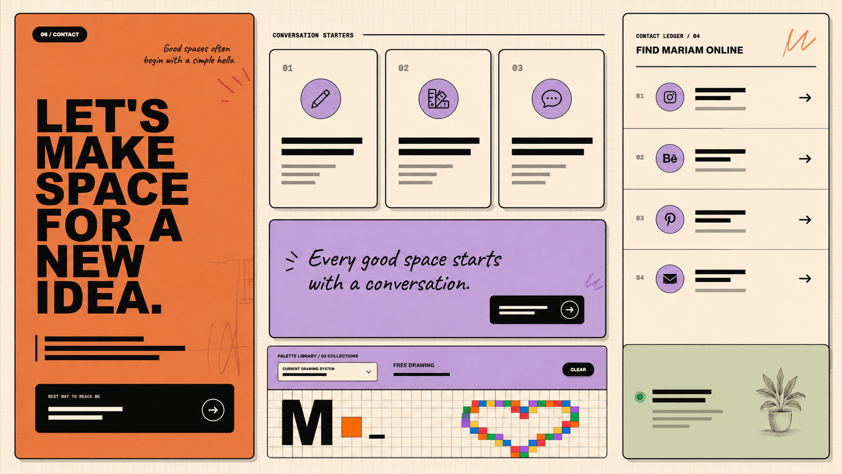 Contact page with conversation cards, social destinations, a personal note, and interactive color grid.