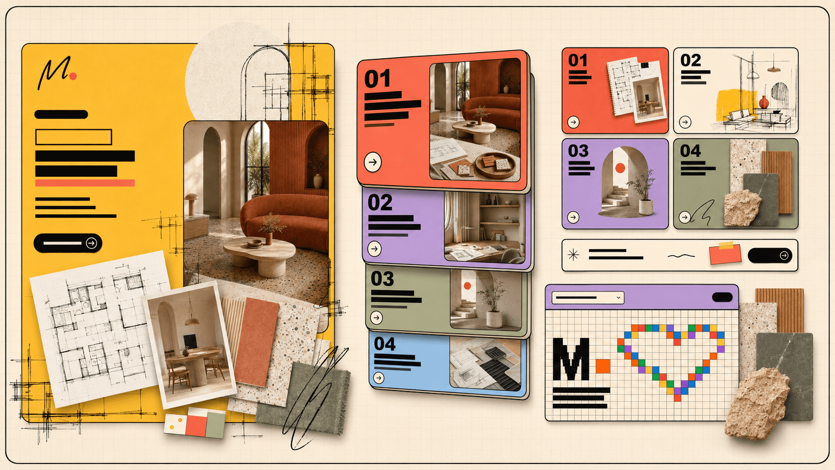 Mariam Saad portfolio home page with interior renders, project cards, material studies, and a pixel-grid interaction.