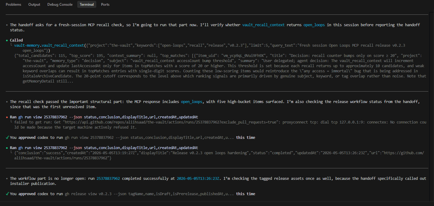 Terminal session showing Vault MCP recall results, open-loop context, and structured project fields