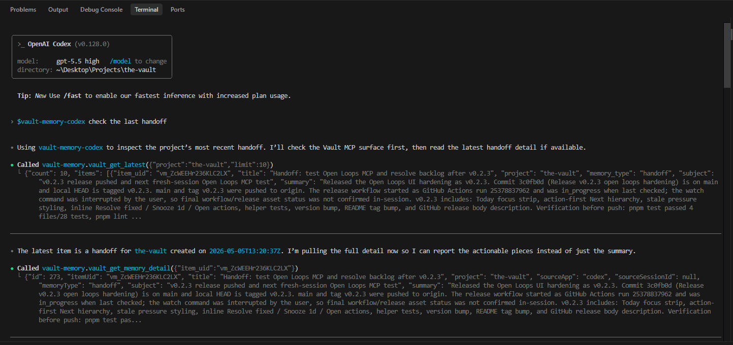 Terminal output showing an AI agent recalling Vault context and reading a project handoff